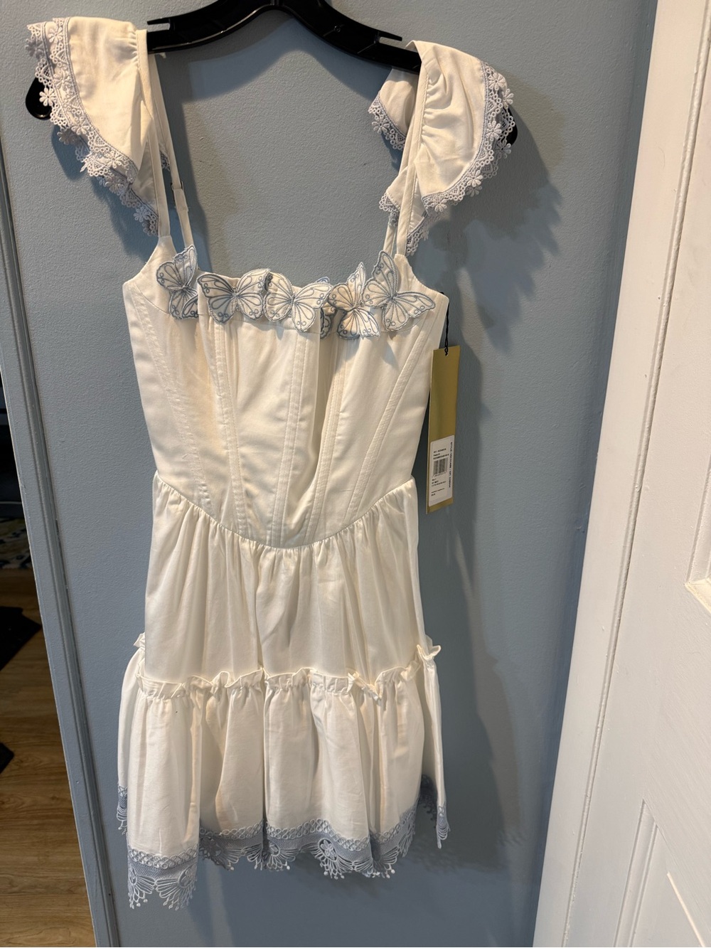 Pat Bo Flutter Poplin White Mini Dress with Light Blue Lace Trim Sz 4 nwt - Picture 7 of 9